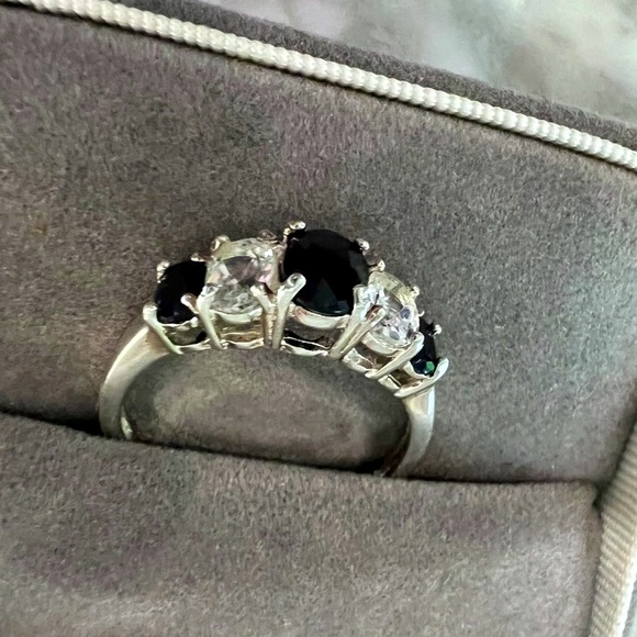 Vintage Genuine Sapphire Ring Solid 925 Sterling Silver Oval Cut Blue & White - Picture 9 of 17